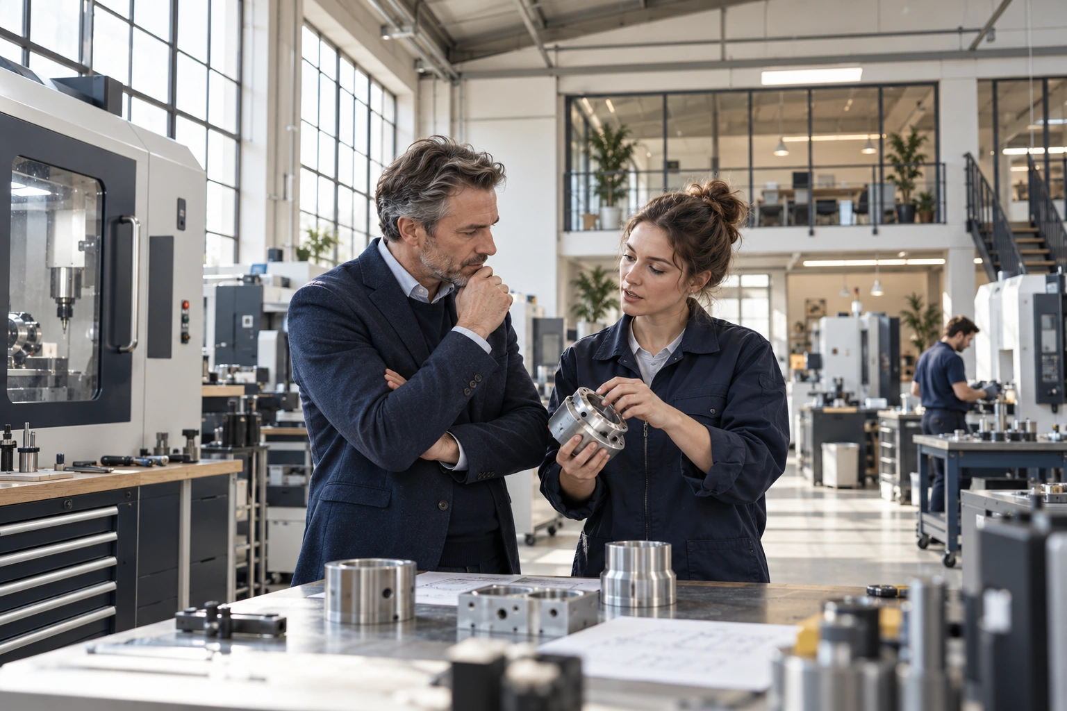 Un dirigeant et un ingénieur dans un atelier